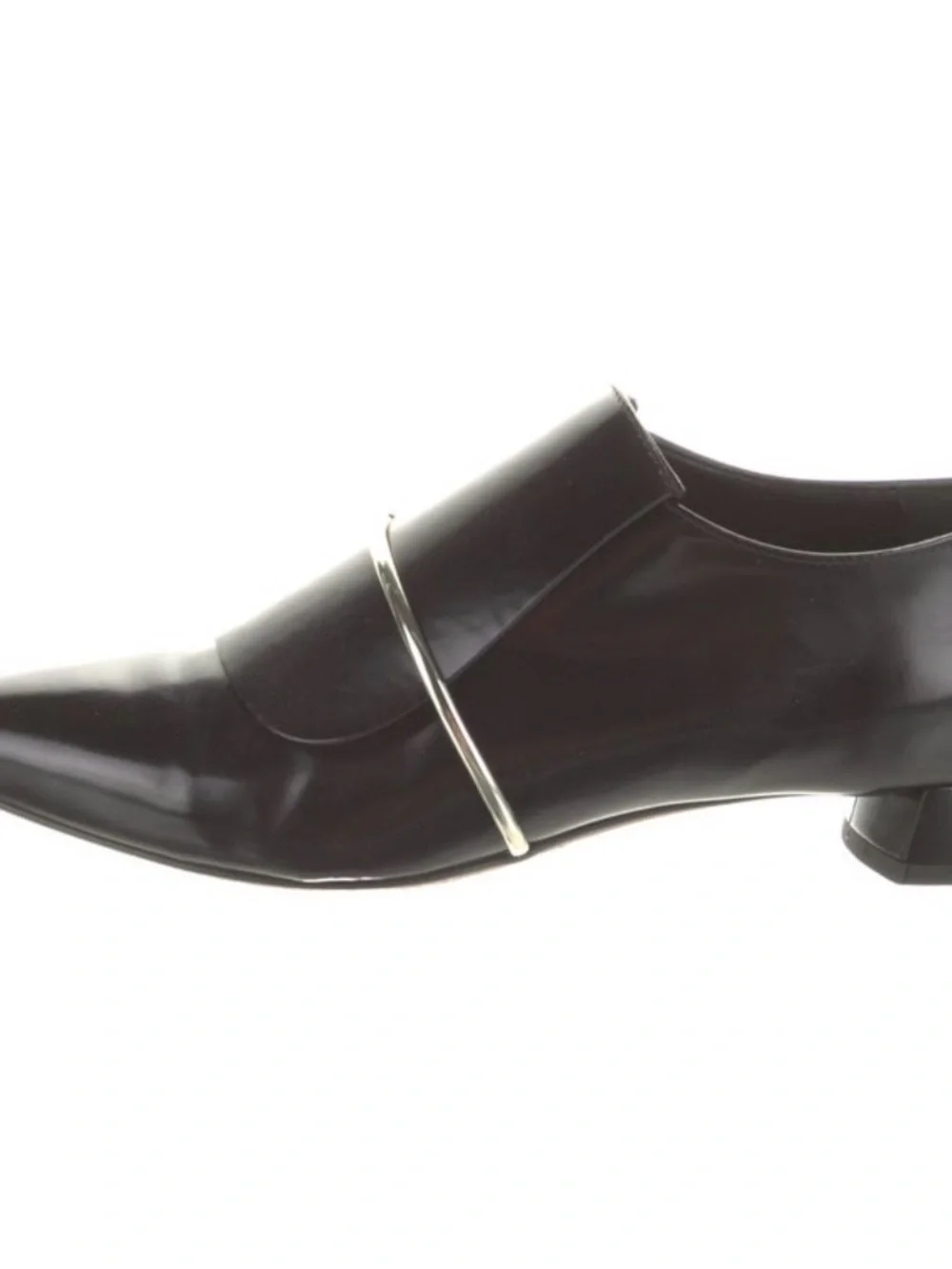 Agl Black Patent Leather Pointed Slip-On Loafer with Gold Accent